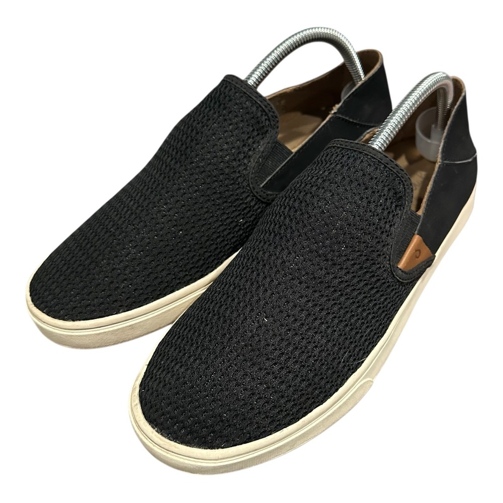 OluKai Black Knit Slip-On Slippers with Cream Sole